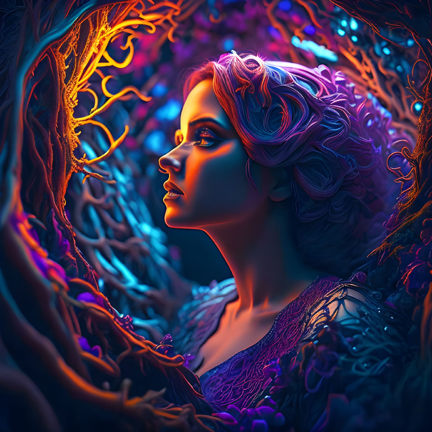 Colorful fantasy portrait of woman engulfed by neon-lit tree roots