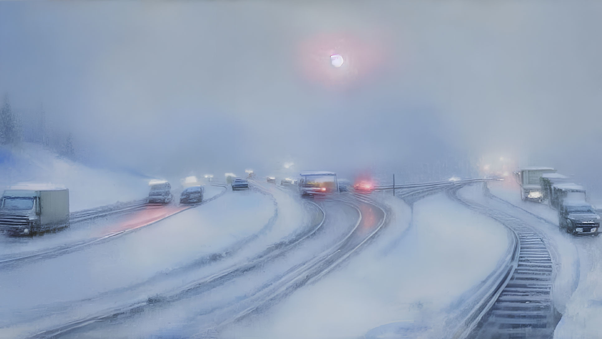 Snowy road with curvy tire tracks under hazy sky and diffused sun