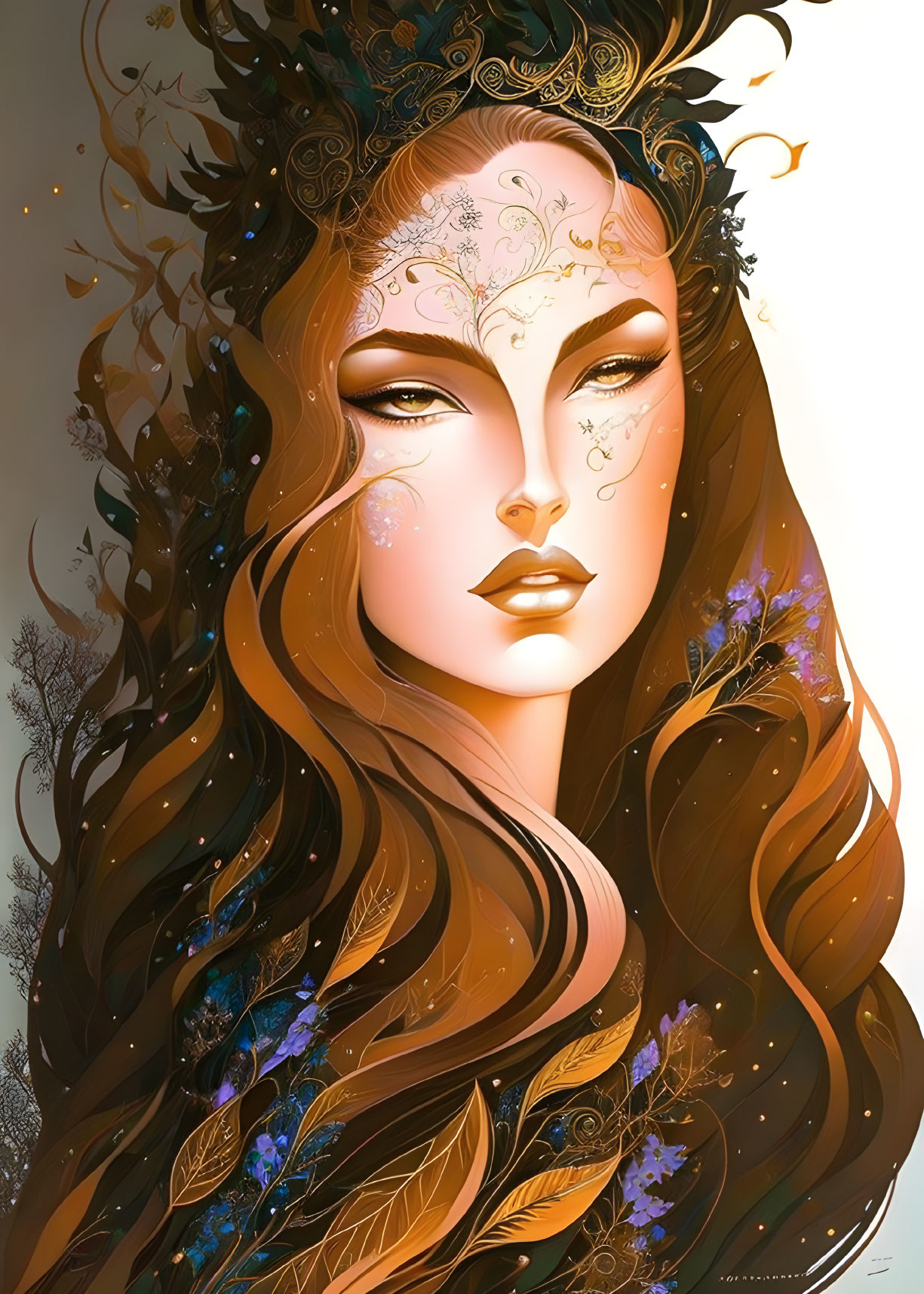 Illustration of woman with long hair and autumn leaves, nature-inspired face patterns