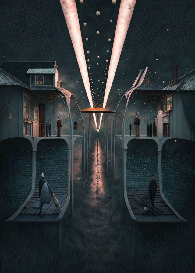 Surreal mirror-image houses with curved paths and floating orb in starry sky