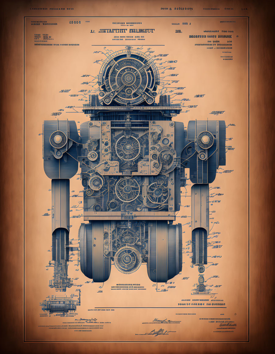 Detailed Vintage-Style Blueprint of Fictional Robot