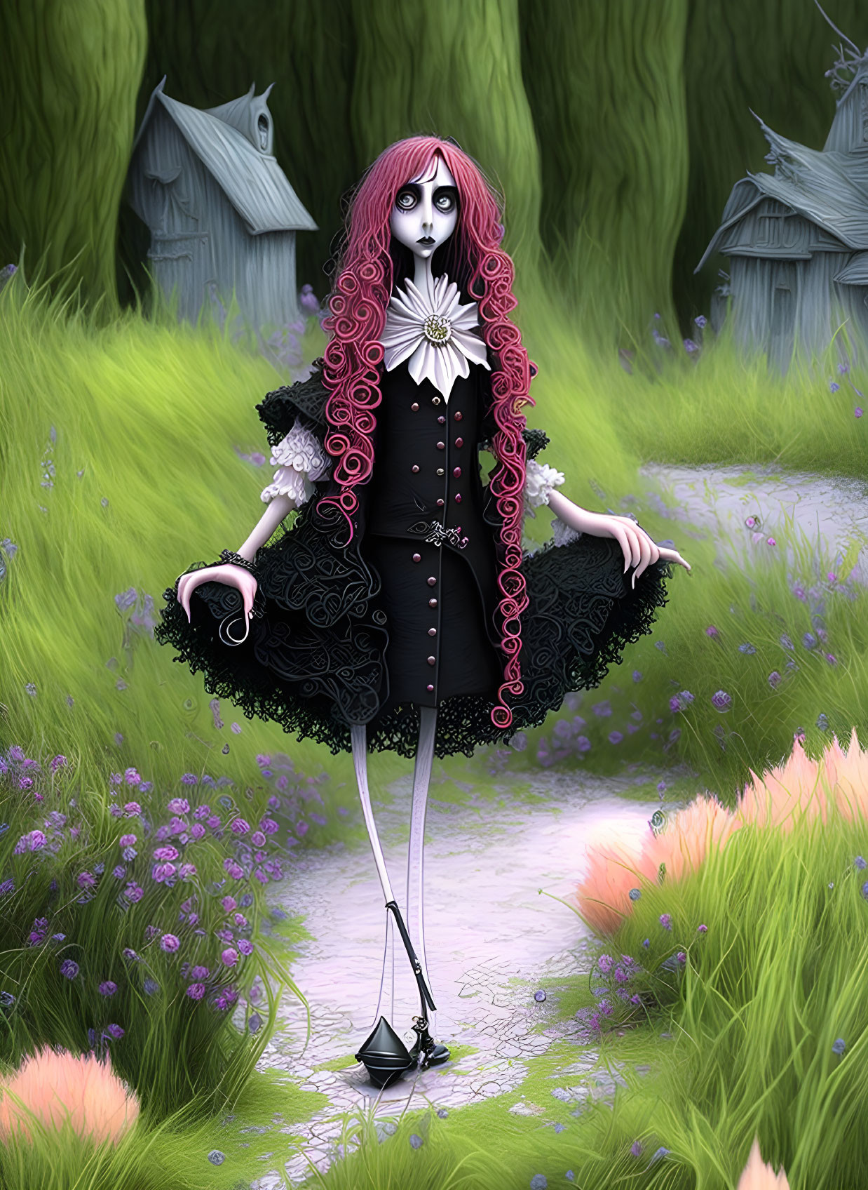 Gothic animated character with long pink hair and dark dress in whimsical forest setting