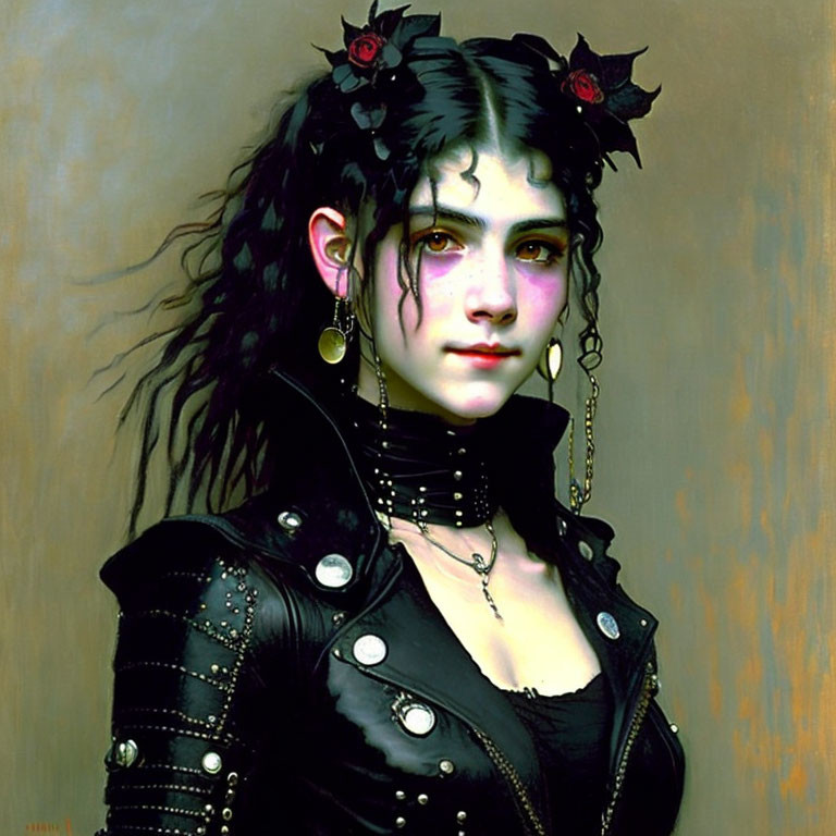 Gothic-style young woman with black hair, roses, heavy makeup, piercings, st