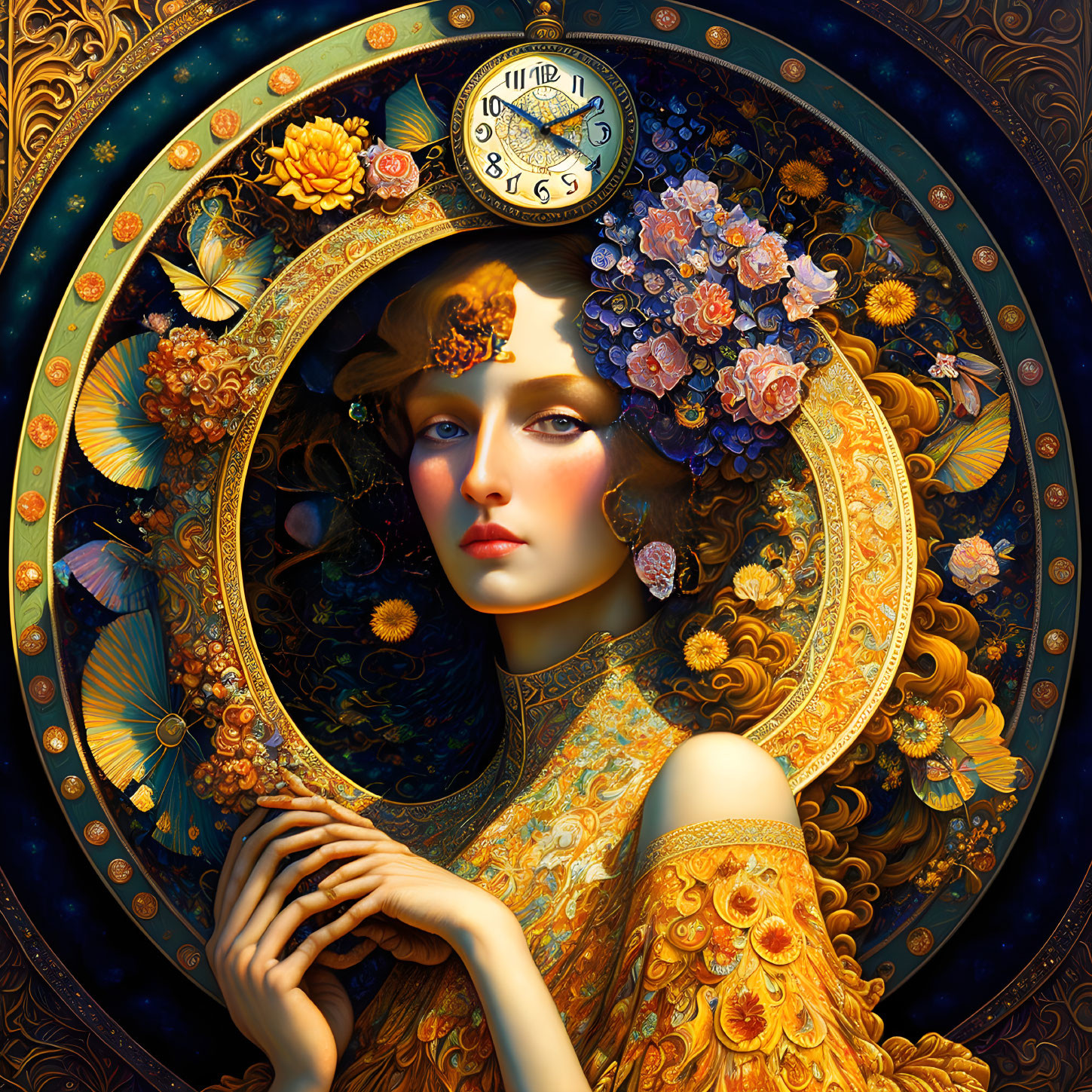 Detailed artwork of woman with floral headpiece, clock, and celestial motifs