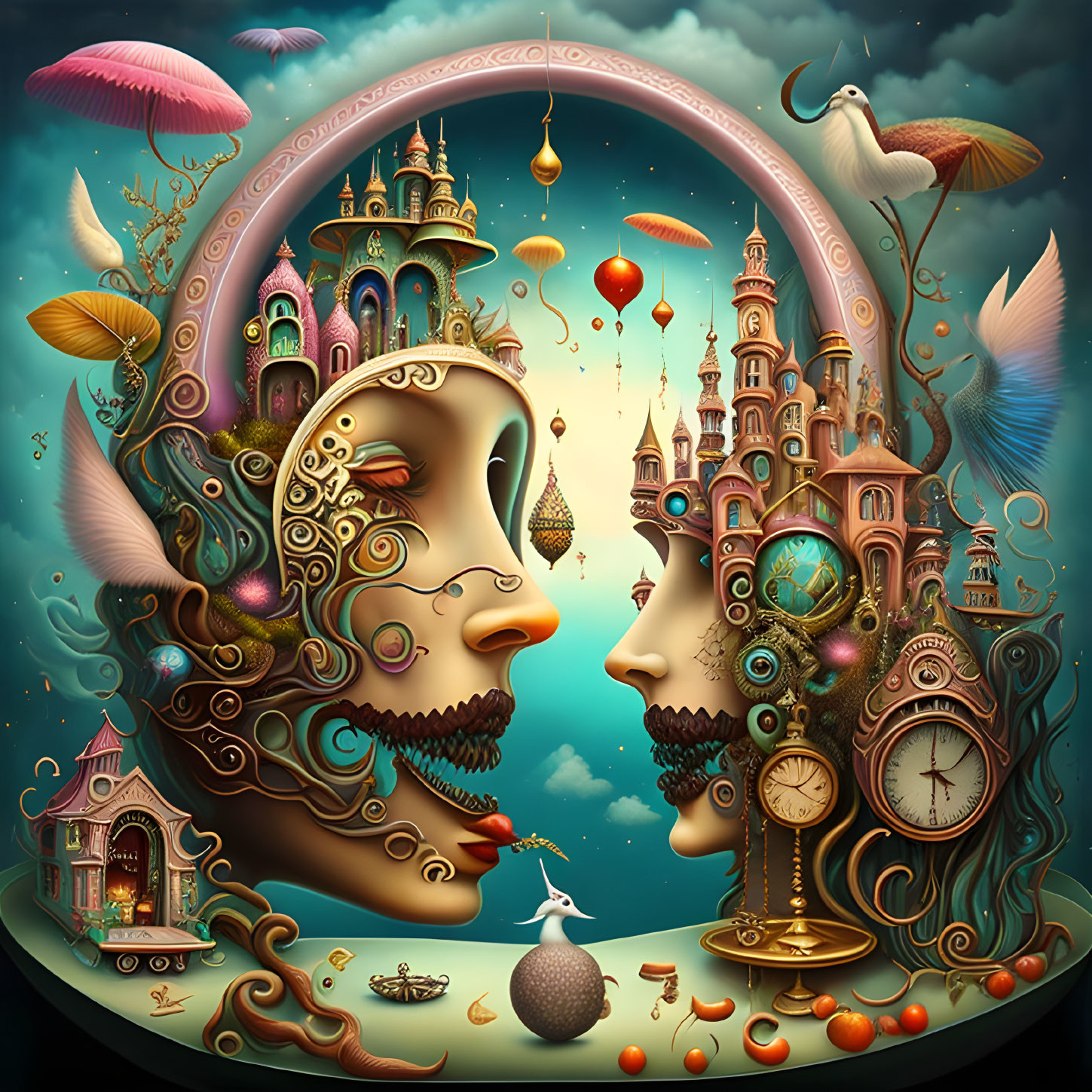 Surreal Artwork with Merged Faces, Clockwork, Balloons, and Castle