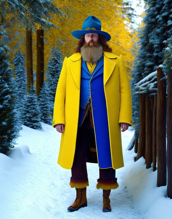 Bearded man in yellow coat and blue hat on snowy path among evergreen trees