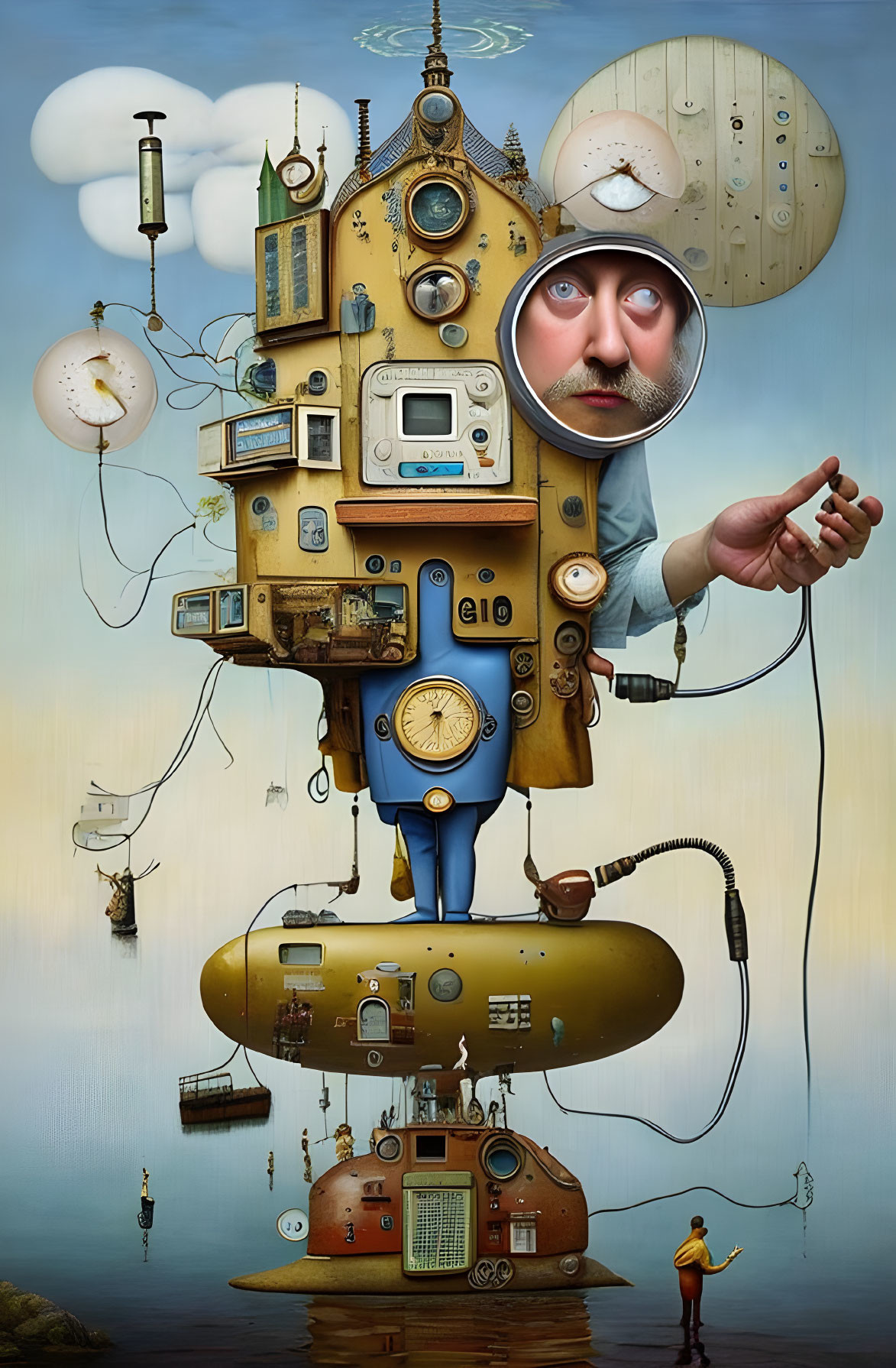 Surreal humanoid figure with building body and vintage items on floating island.