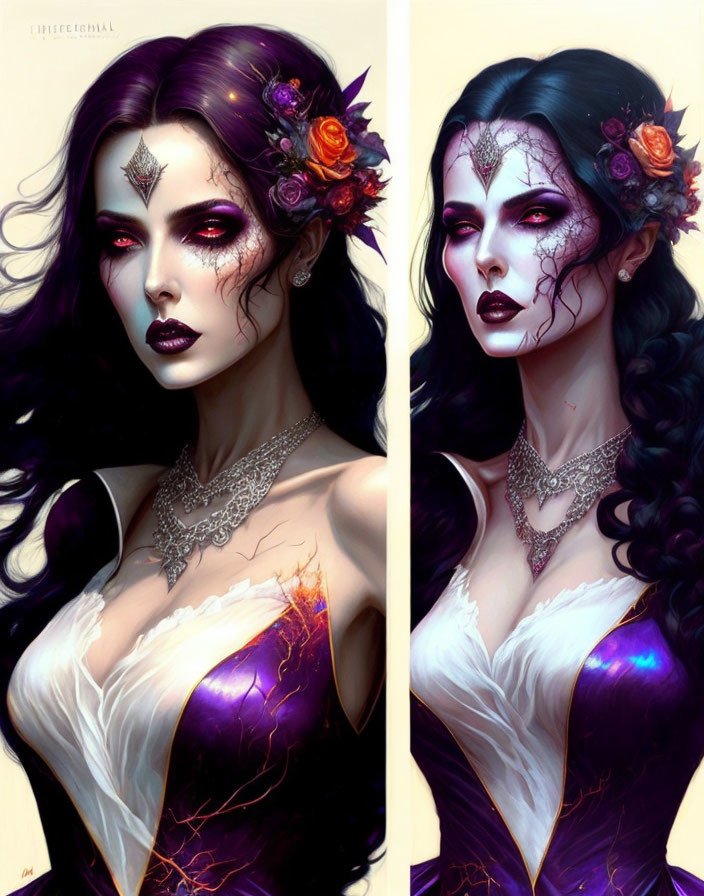 Digital artwork: Woman with pale skin, purple eyes, dark hair, floral accents, intricate facial markings