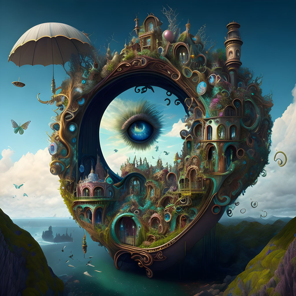 Circular surreal landscape with central eye, surreal architecture, nature, and floating elements against scenic sky.