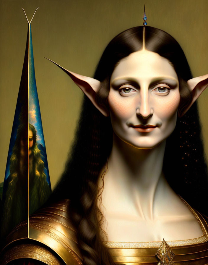 Fantastical portrait blending Mona Lisa with elfin features in ornate armor