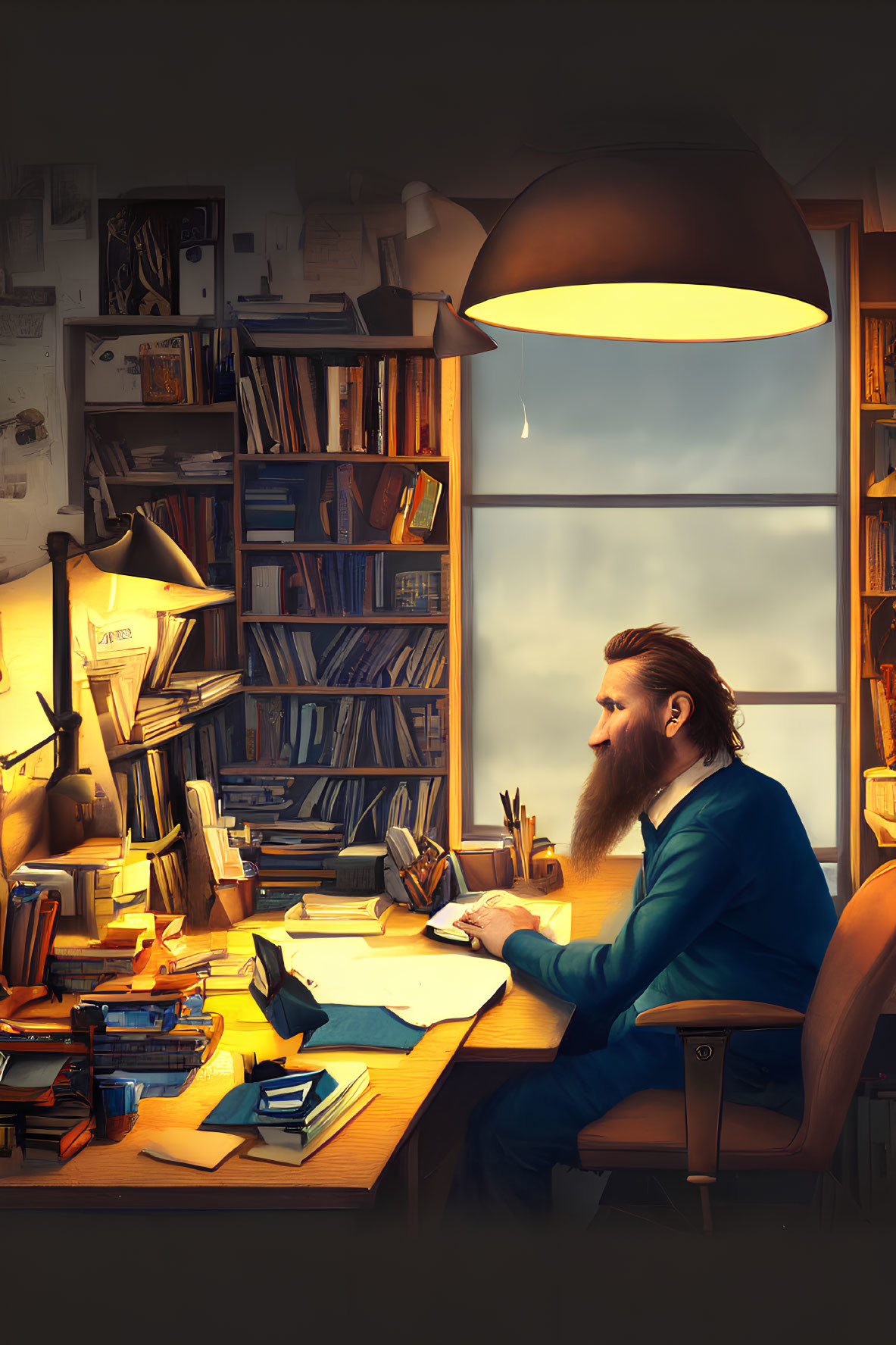 Bearded man writing in cozy, book-filled study