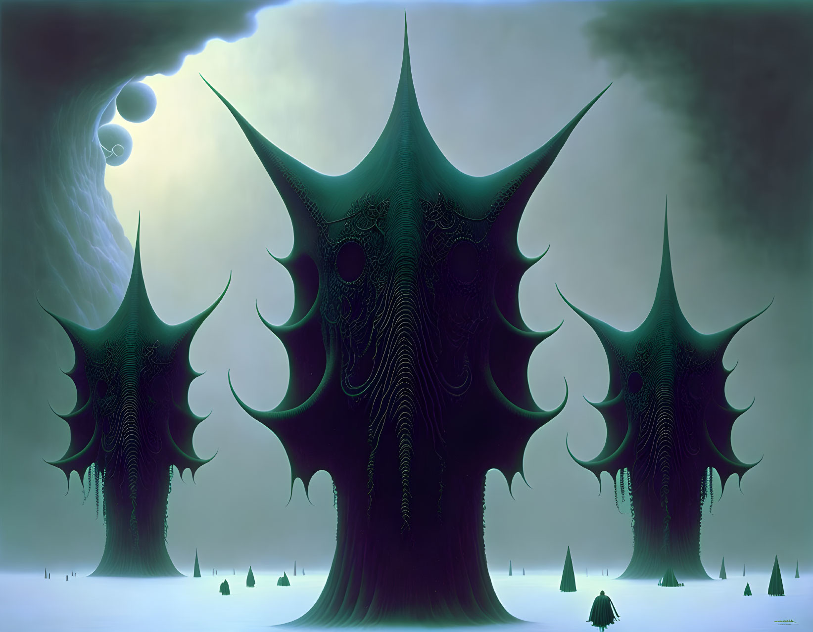 Surreal landscape featuring alien-like towers under green sky