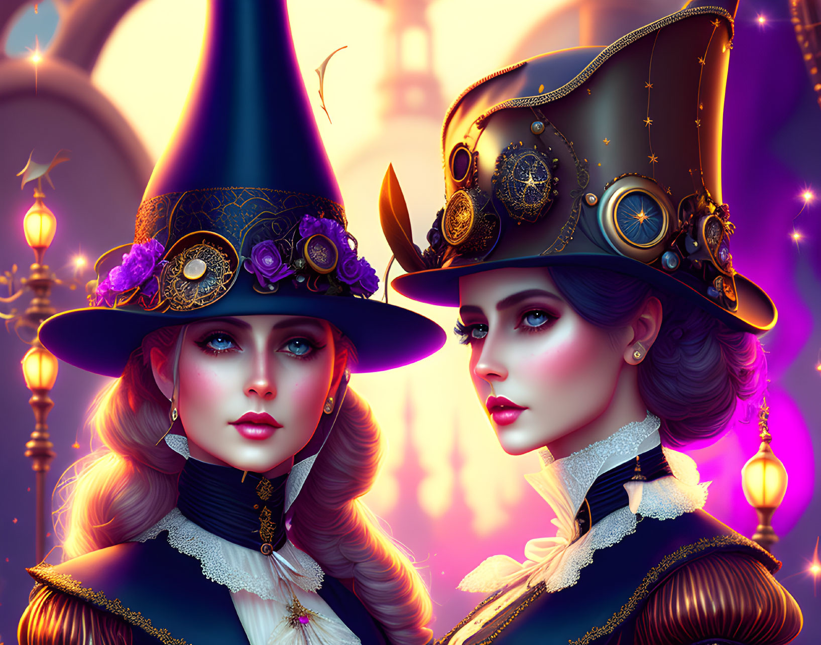 Stylized elegant witches in ornate hats against twilight fantasy backdrop