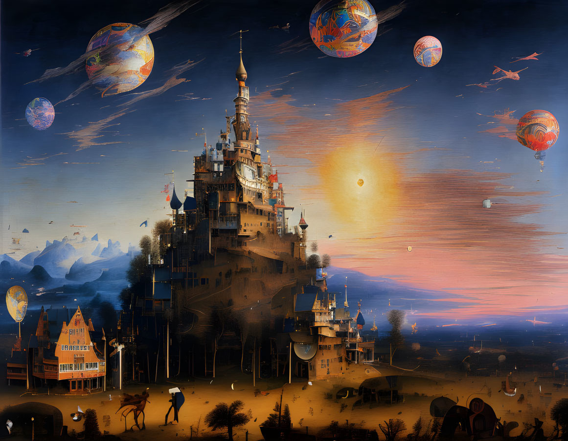 Fantastical landscape with towering castle, planetary balloons, figures on horseback, and dramatic sunset.