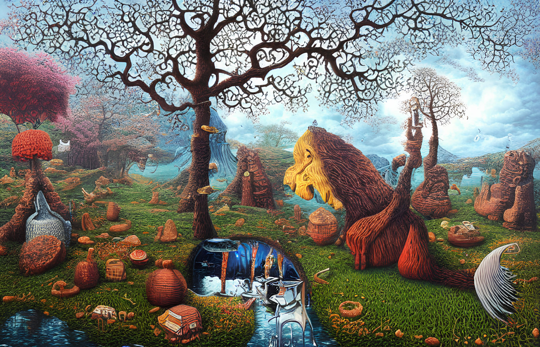 Surreal landscape with anthropomorphic trees and fantastical creatures