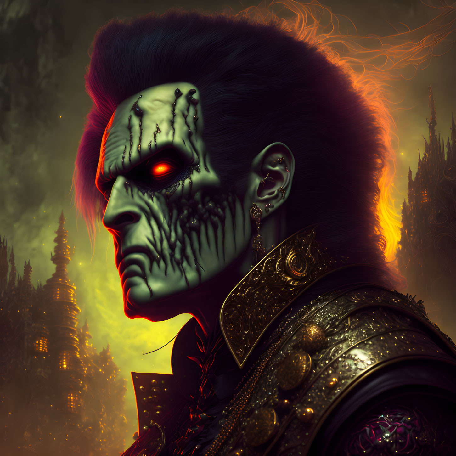 Menacing Figure with Glowing Red Eyes in Fiery Gothic Setting