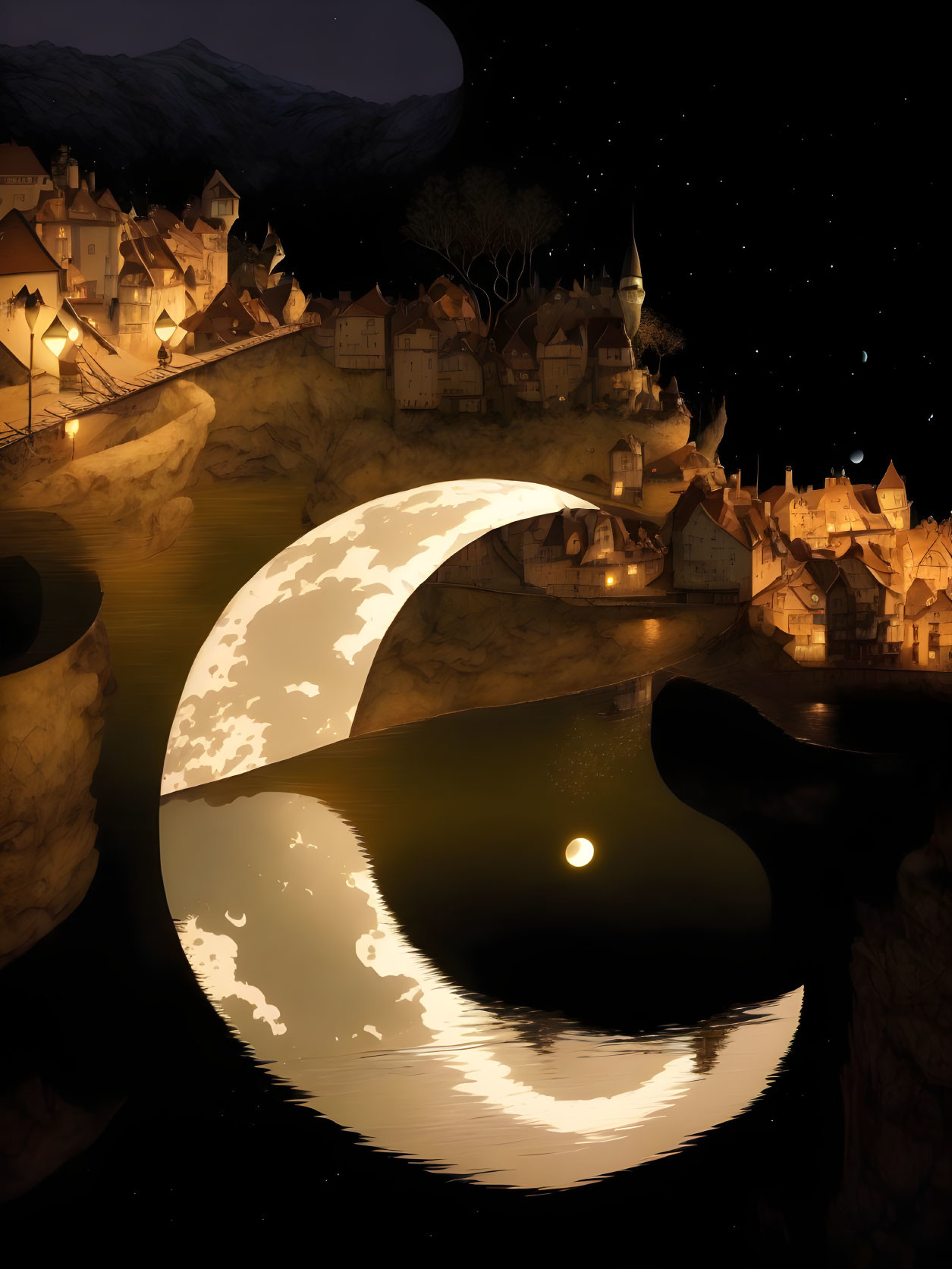 Scenic village at night with crescent moon reflected in water