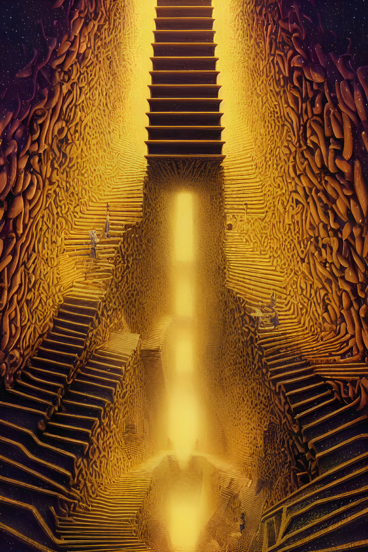 Intricate Golden Labyrinth with Central Staircase