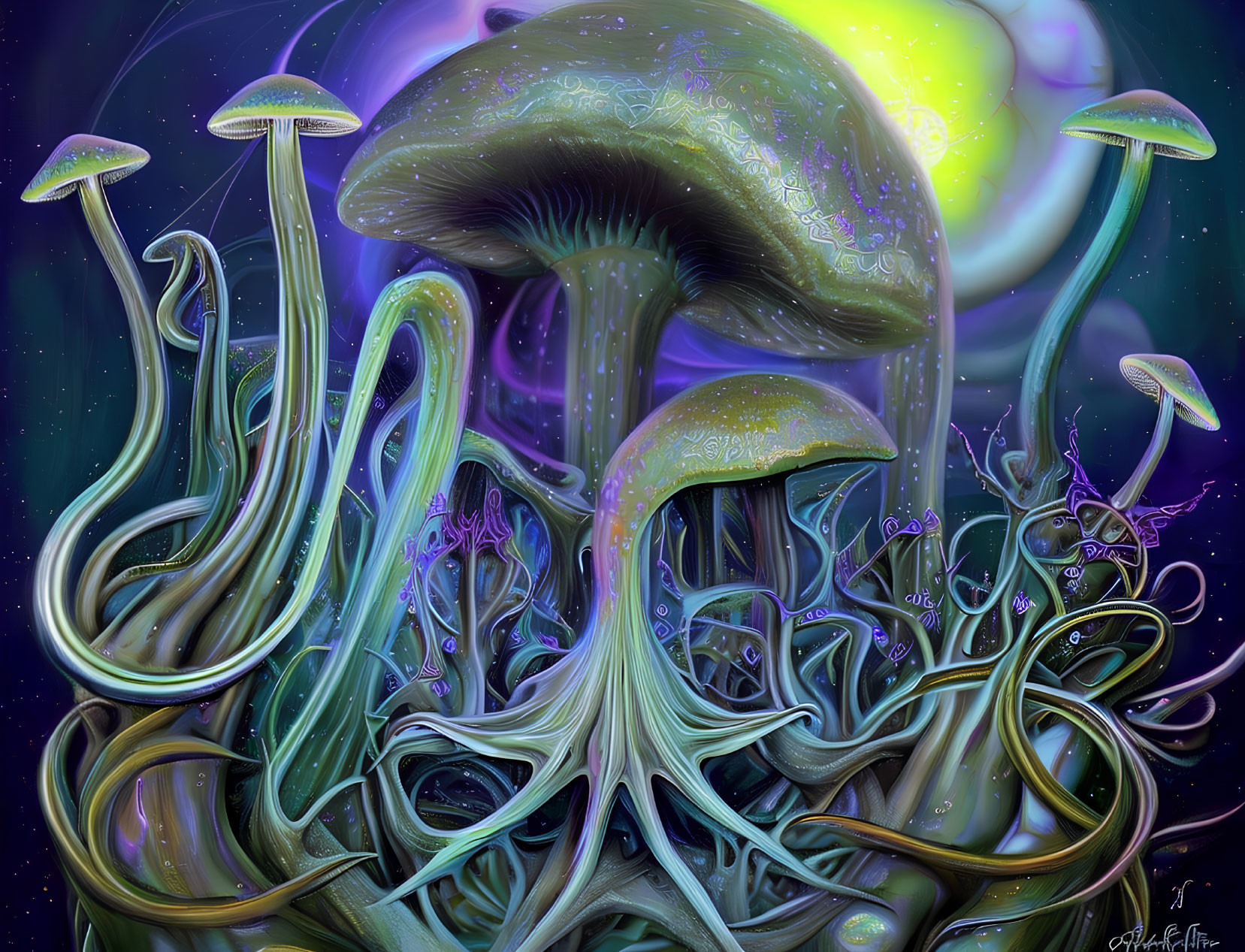 Neon-lit digital art: Oversized luminescent mushrooms in mystical setting