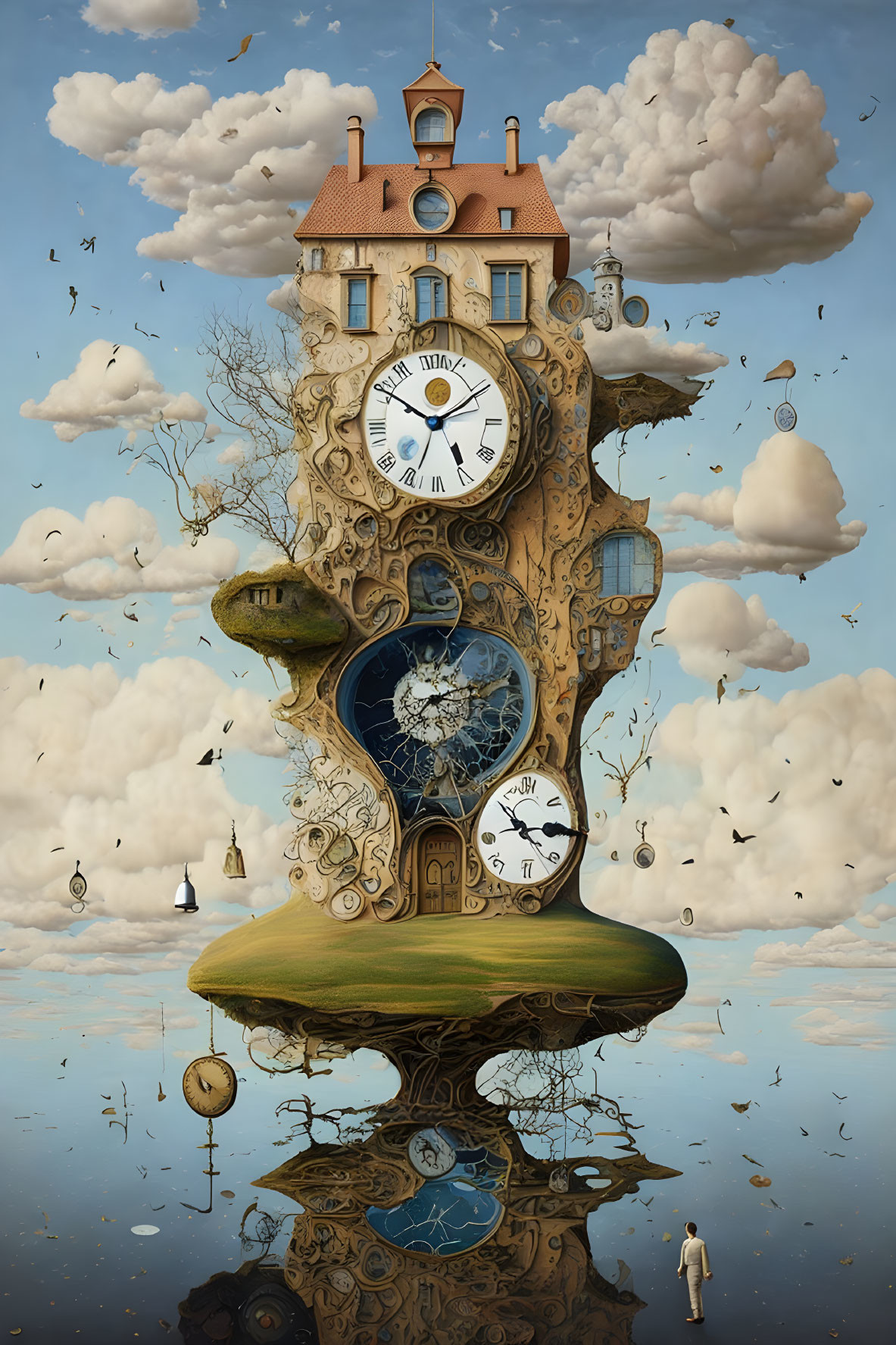 Surreal clock-faced building with floating elements, gears, birds, and cloudy backdrop.