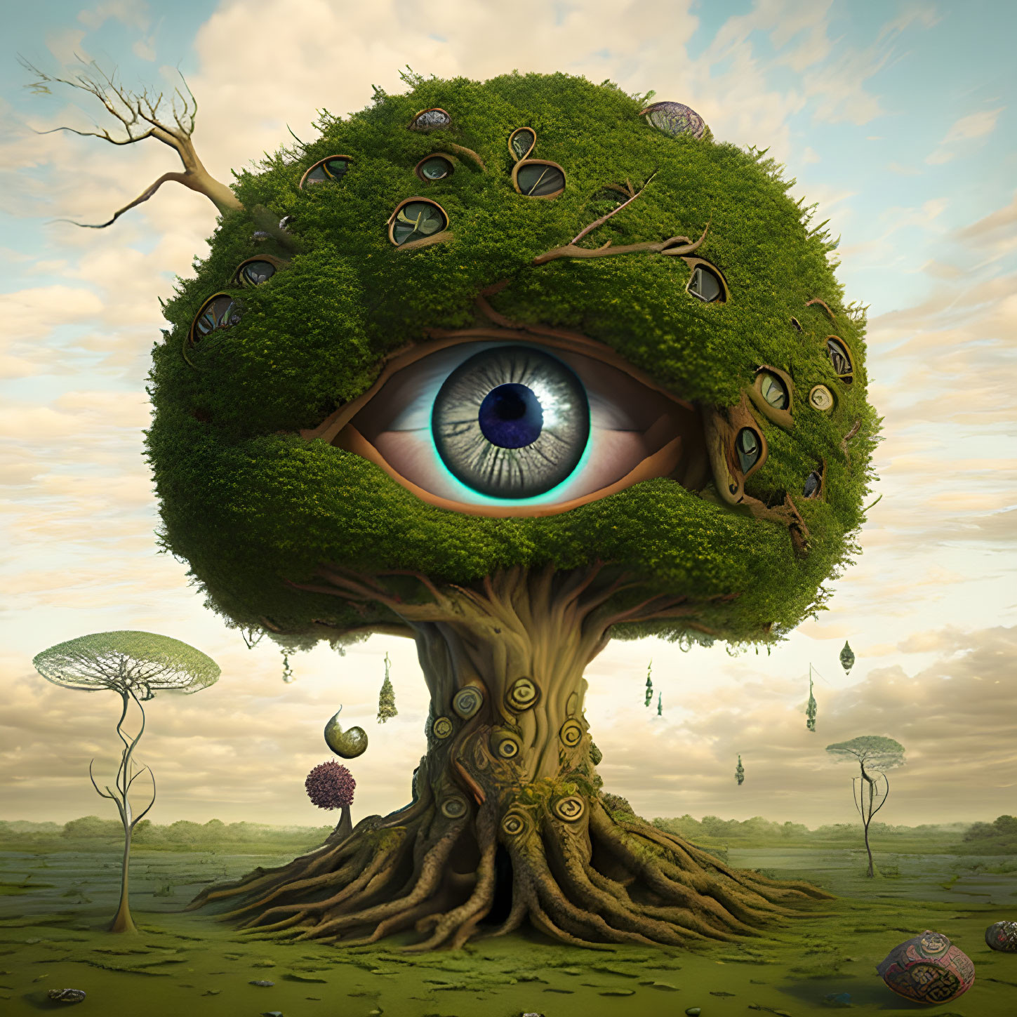 Surreal tree with large eye in trunk and smaller eyes in foliage