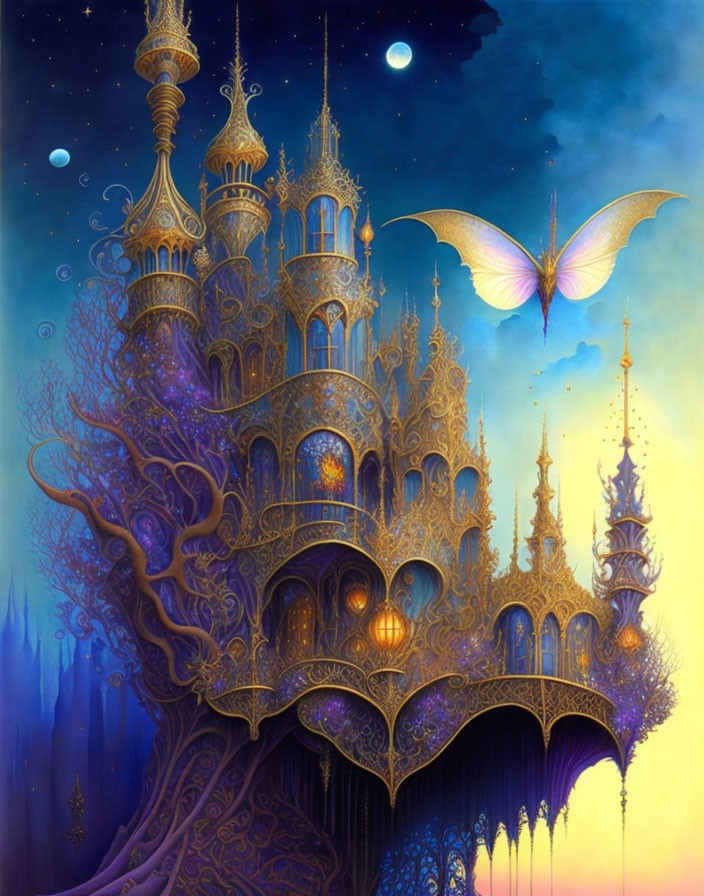 Golden palace on tree under starry night sky with celestial butterfly