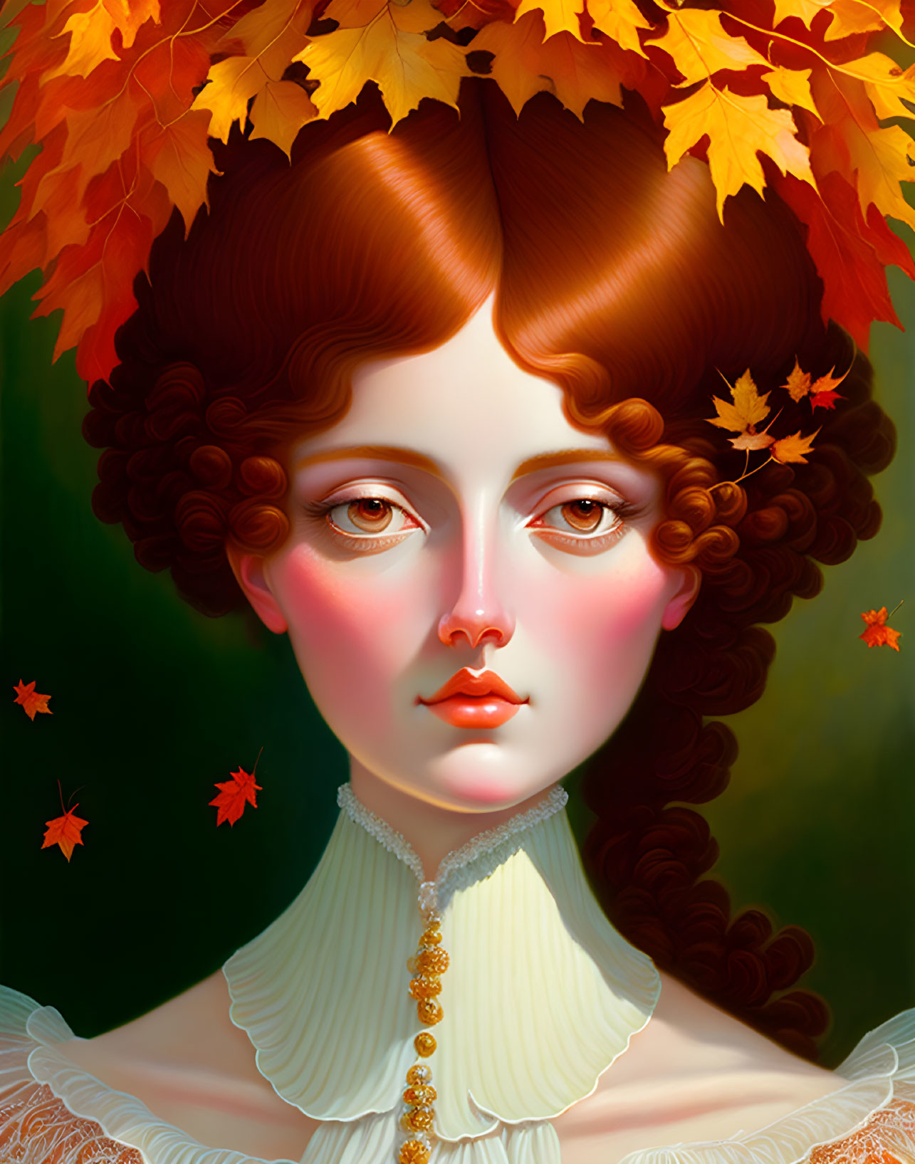 Stylized portrait of a woman with autumn leaves, piercing gaze, and rosy cheeks