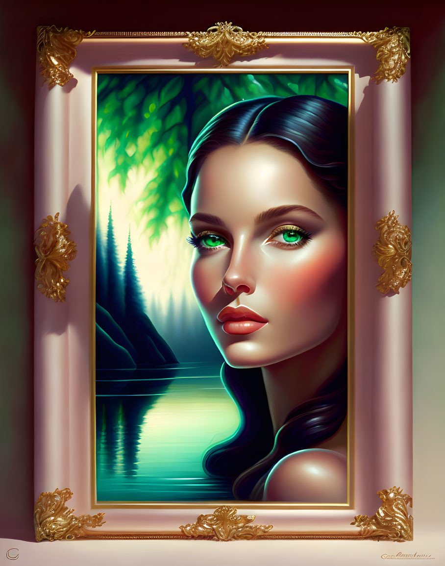 Stylized portrait of woman with vivid green eyes and flowing hair in gold frame by serene lake