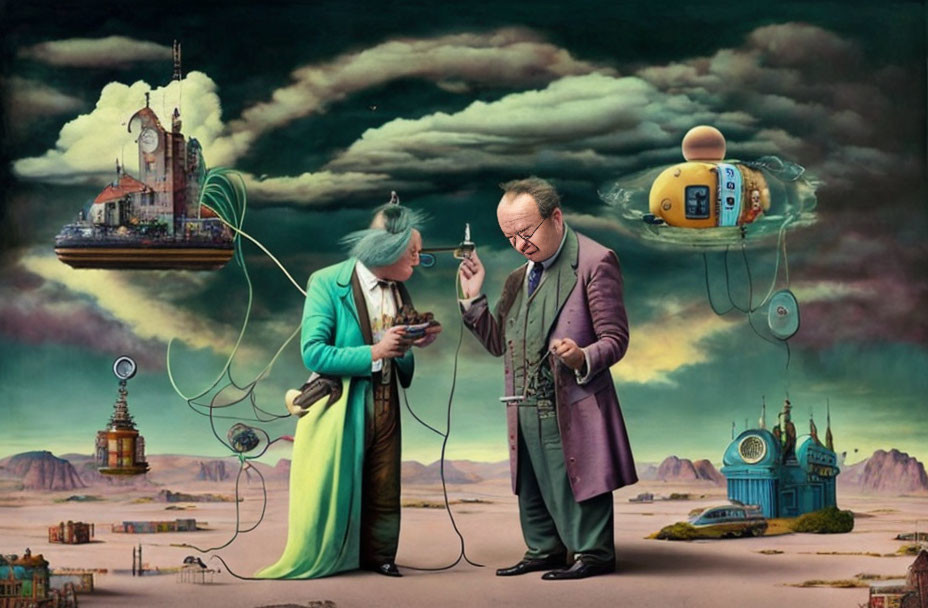 Quirky characters with device in surreal landscape & floating cities