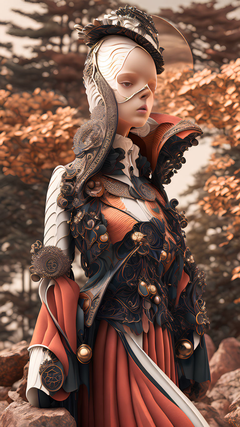 Digital Art: Female Figure in Elaborate Fantasy Armor in Orange, Blue, and Gray, Amid