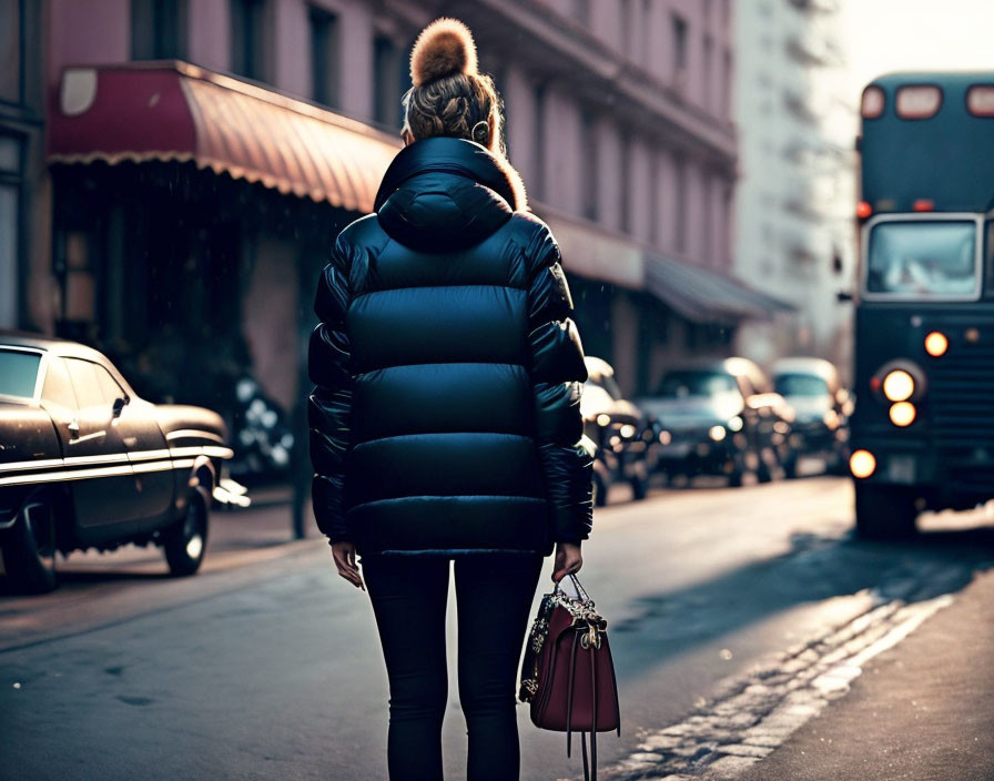 Person in puffy jacket and earmuffs on city street with vintage and modern vehicles