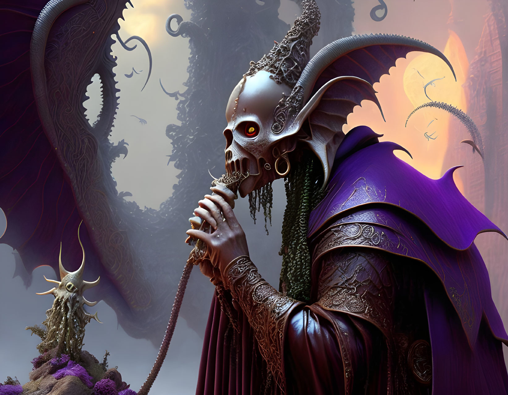 Fantasy Artwork: Skull-faced character with staff in alien landscape