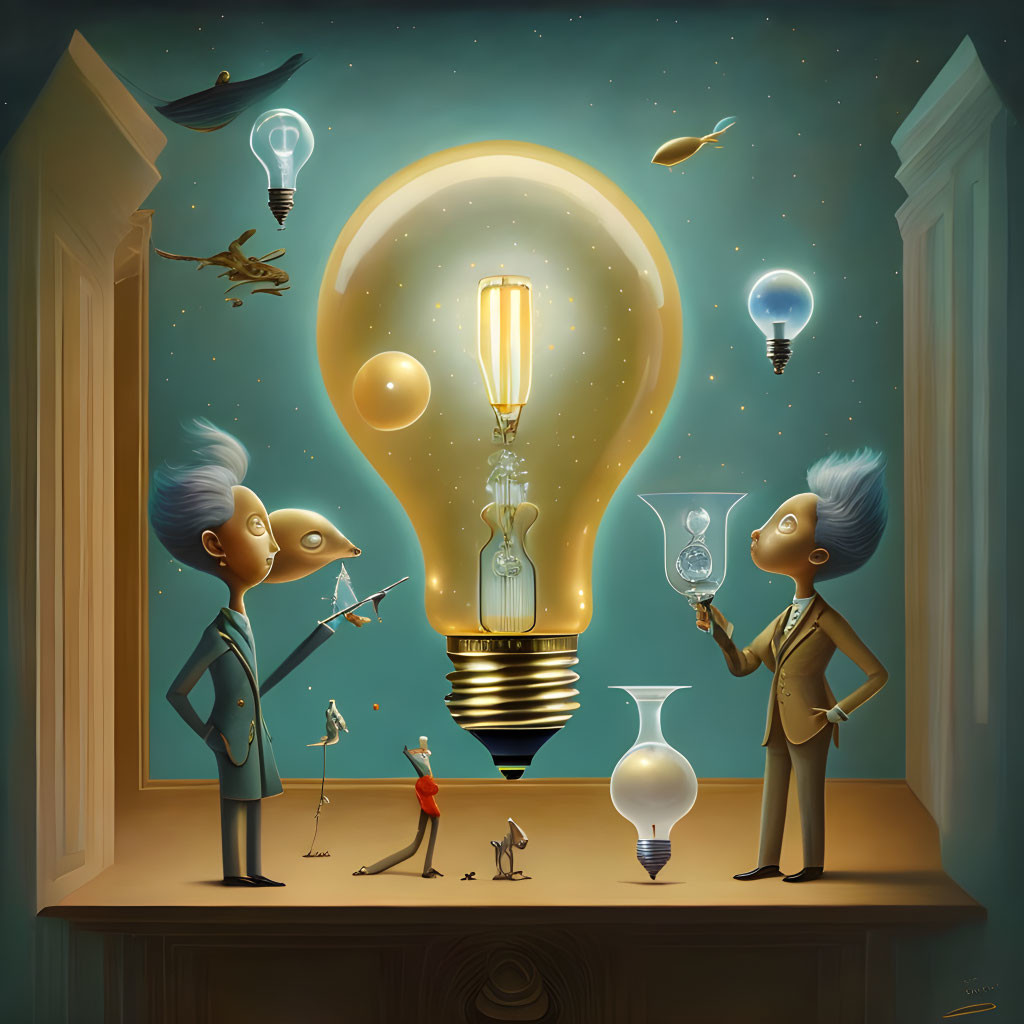 Surreal illustration of stylized figures and tiny people with light bulbs