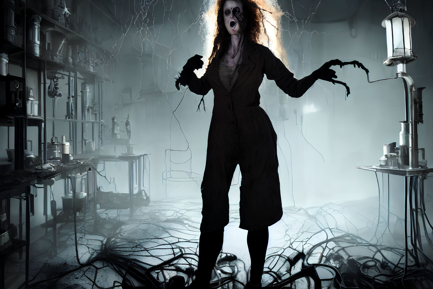 Spooky figure with wild hair and glowing eyes in eerie laboratory setting