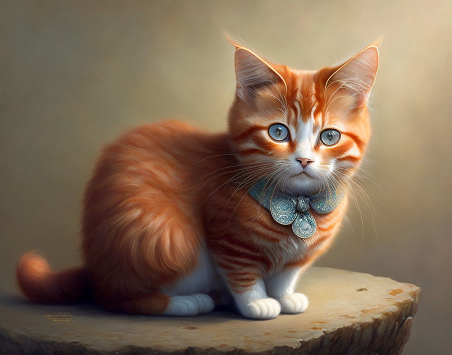 Orange Tabby Kitten with Blue Eyes and Bell Collar on Wooden Surface