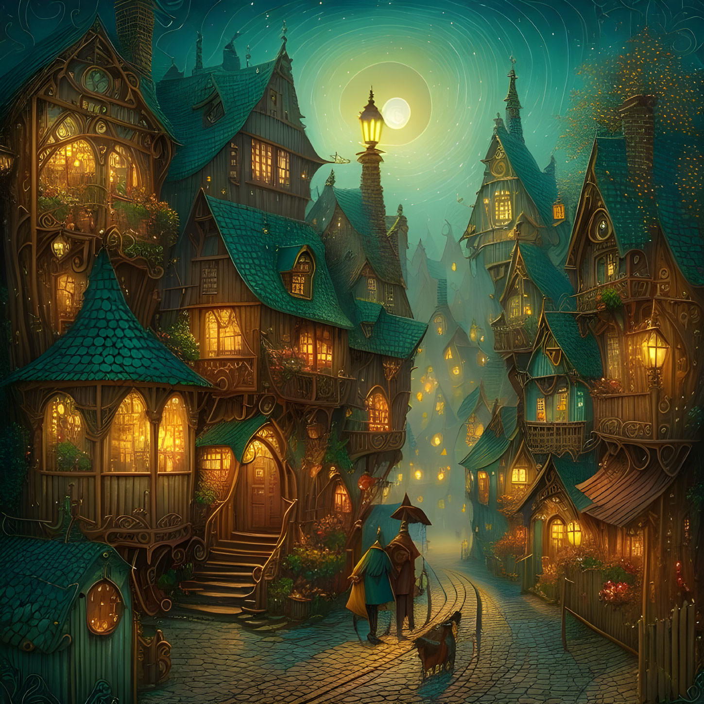 Moonlit cobblestone street with whimsical houses and cloaked figure walking a dog under glowing lantern