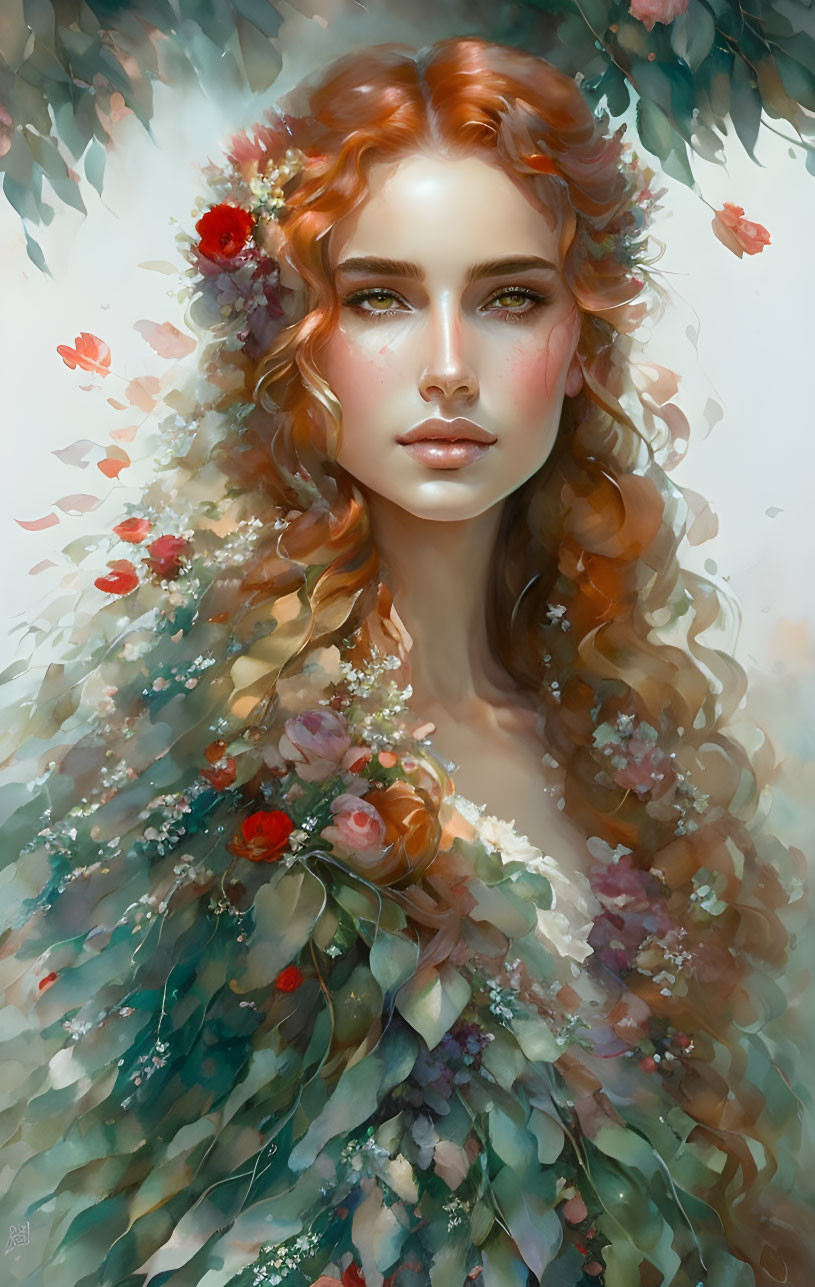 Digital painting: Woman with auburn hair and flowers in lush, serene setting