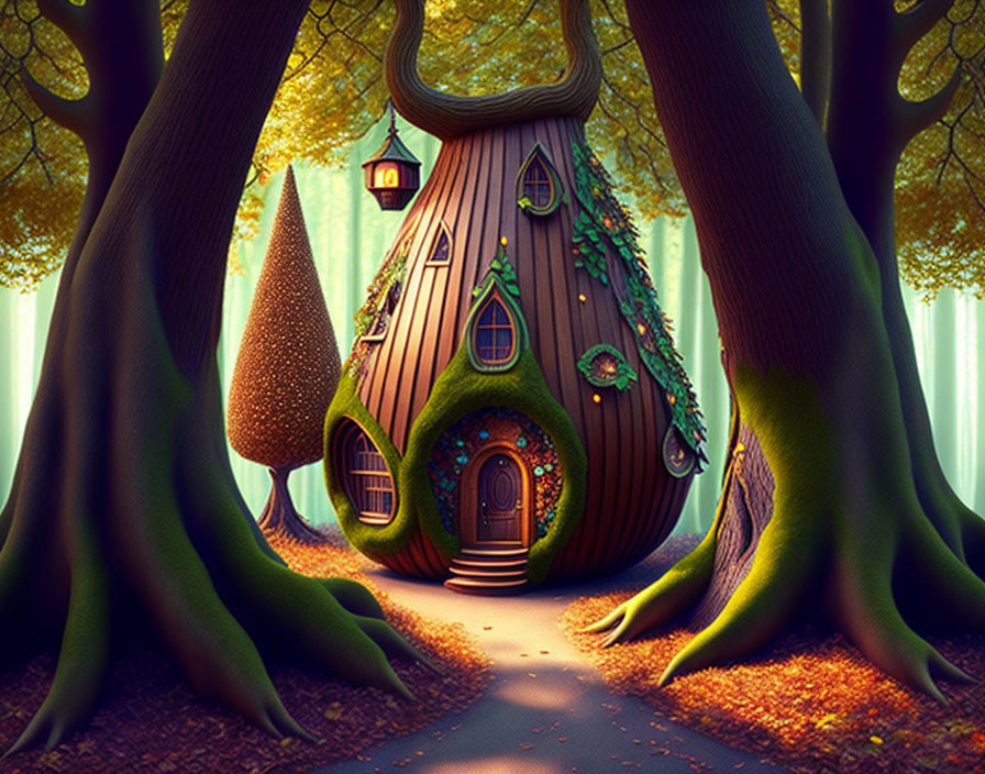 Illustration of cozy oversized treehouse in enchanted forest