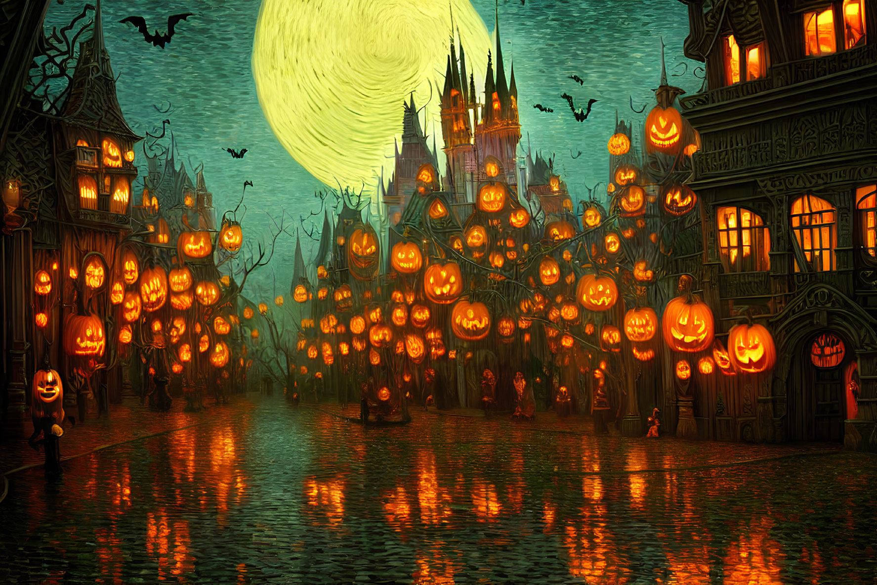 Spooky Halloween scene with jack-o'-lanterns, castle, bats, and full moon