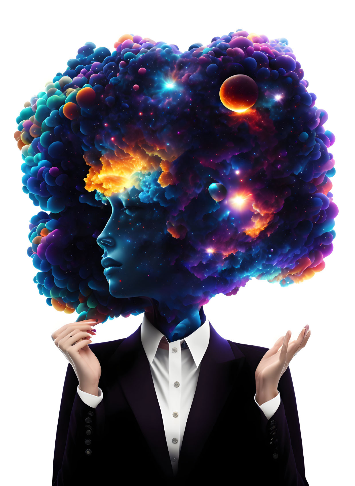 Vibrant cosmic elements in afro against white background