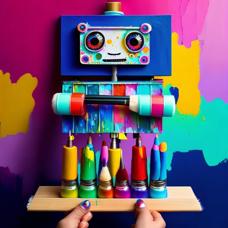 Colorful robotic figure crafted from art supplies on vibrant paint backdrop