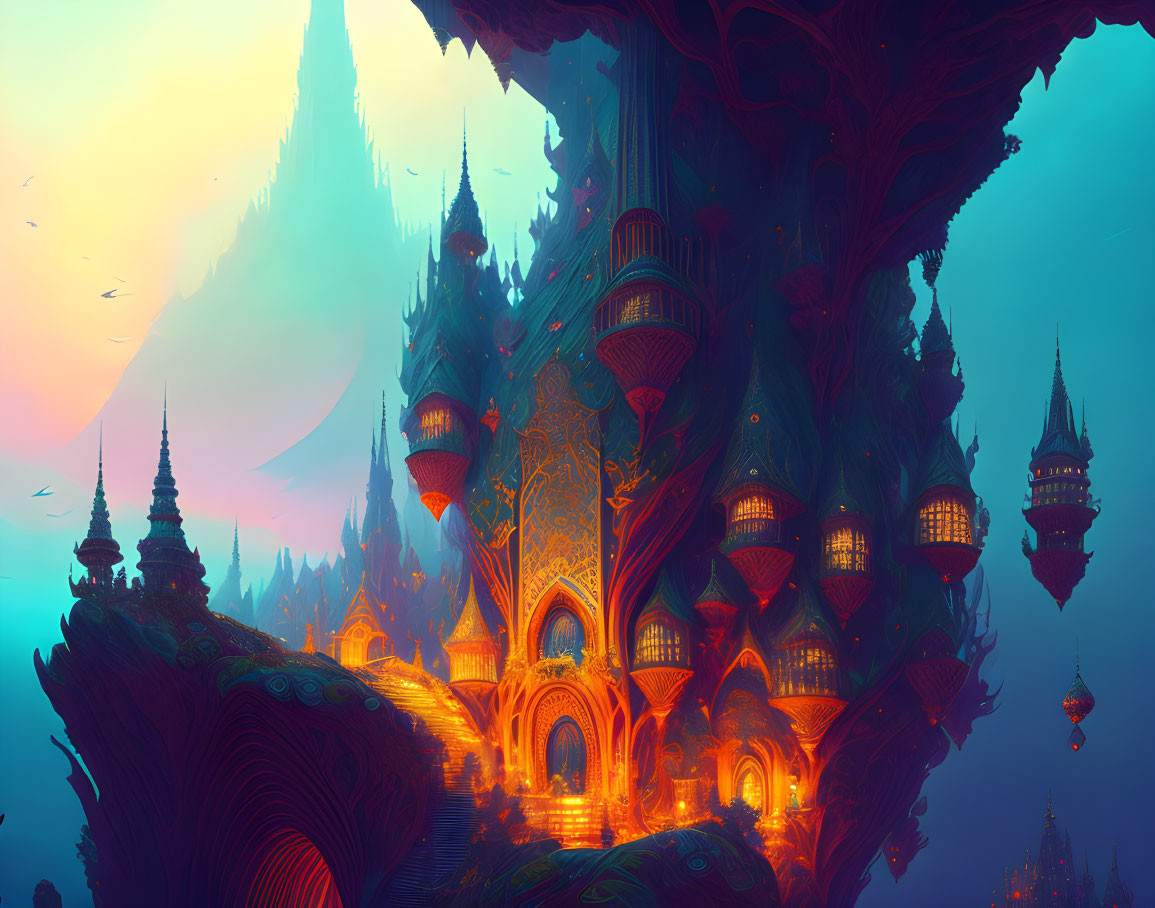 Vibrant landscape with glowing tree houses at twilight