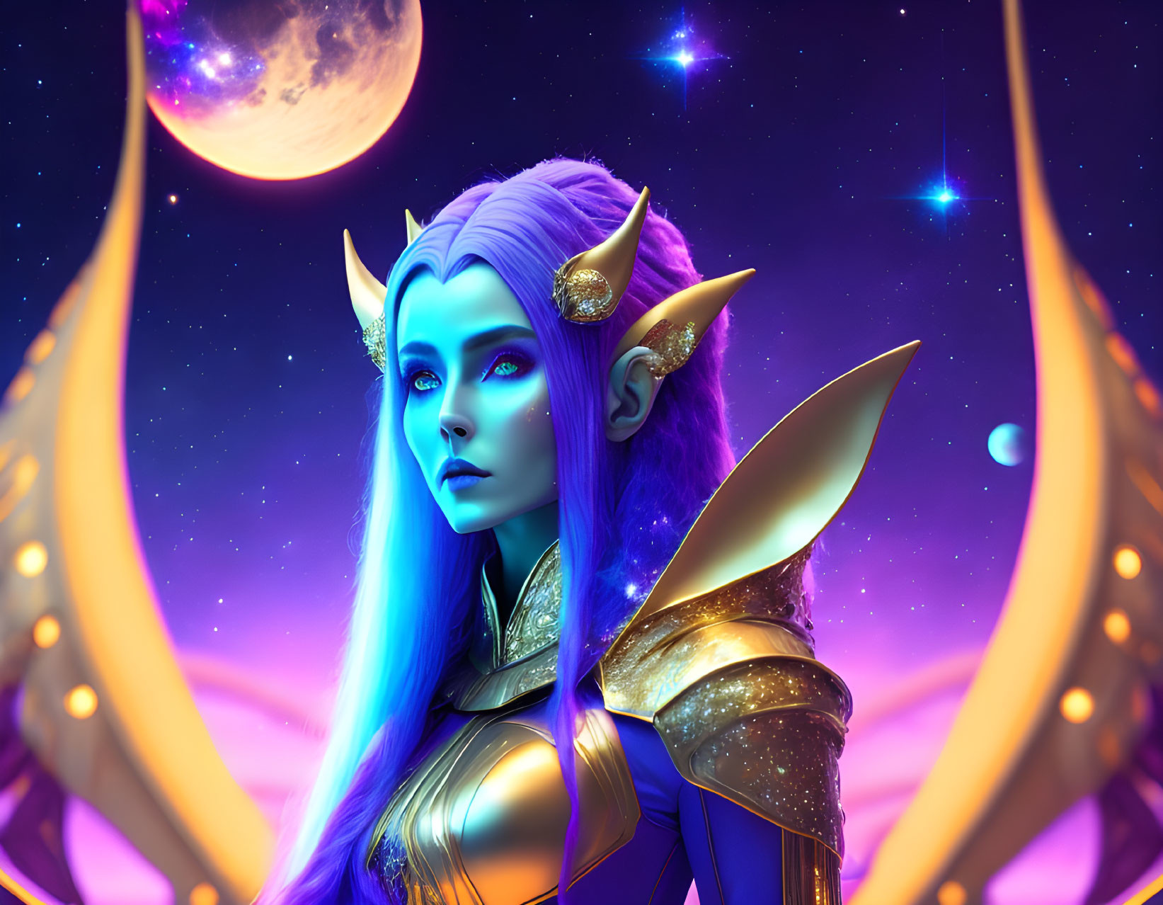 Fantasy elven character with blue skin and golden armor under moonlit sky