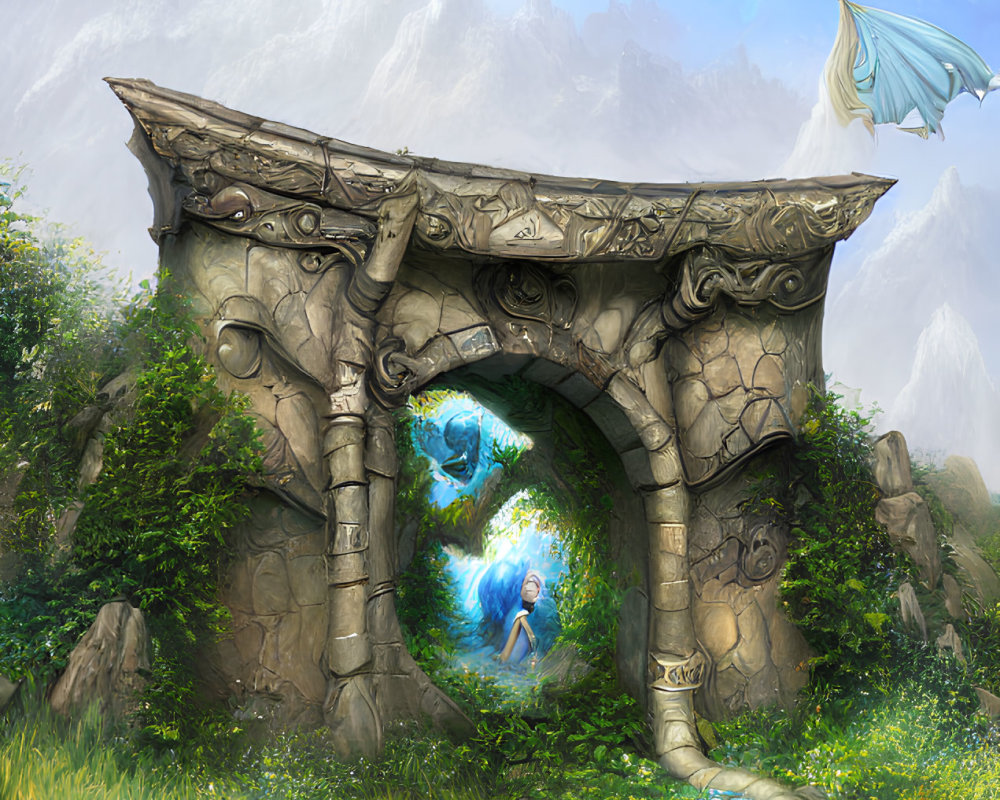 Enchanted archway in lush meadow with magical creatures, blue portal, mountains, misty