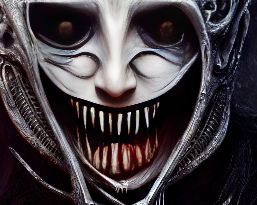 Menacing figure with pale, skeletal face and sharp teeth in dark setting