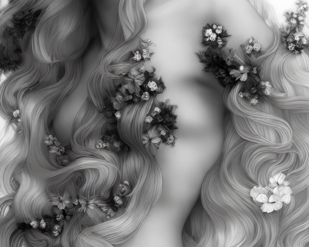 Monochromatic image of woman with flowing floral hair