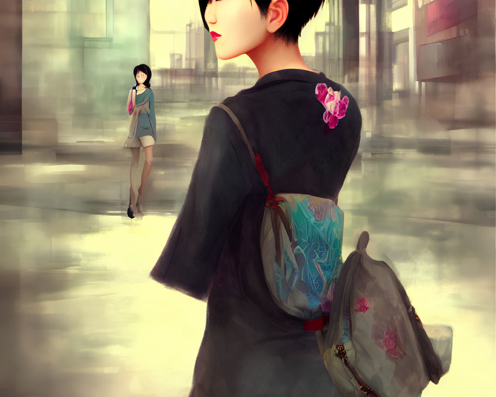 Stylized illustration of two women in modern clothing with Japanese elements