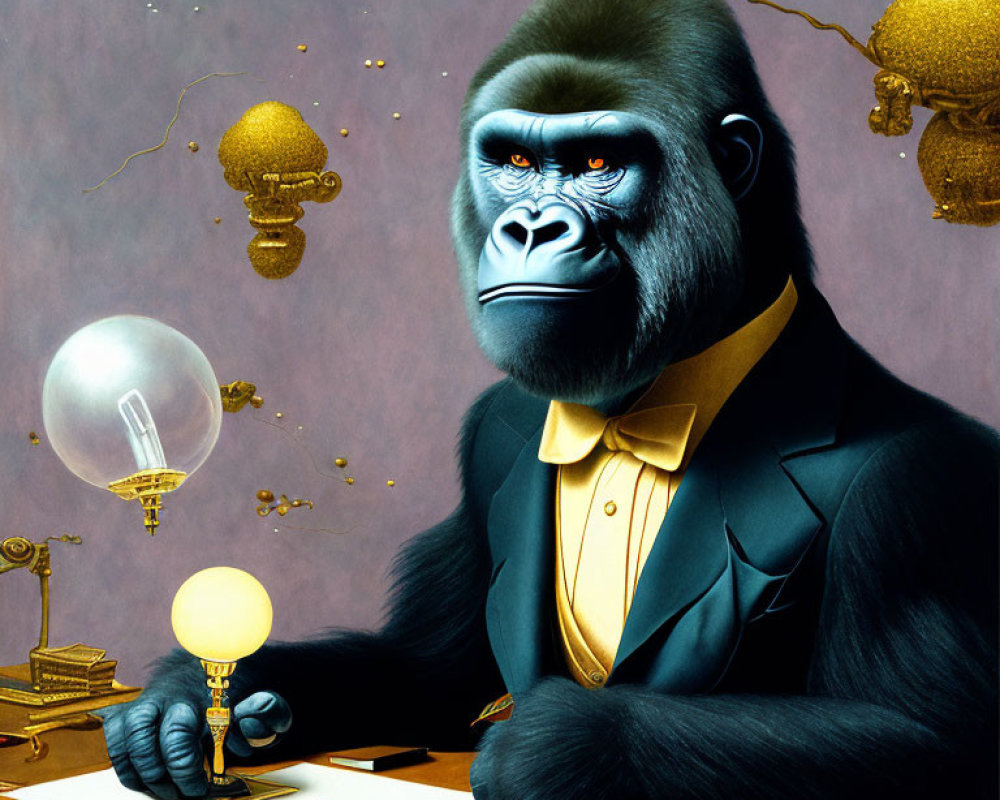 Gorilla in Suit Writing at Desk Surrounded by Bulbs and Globes