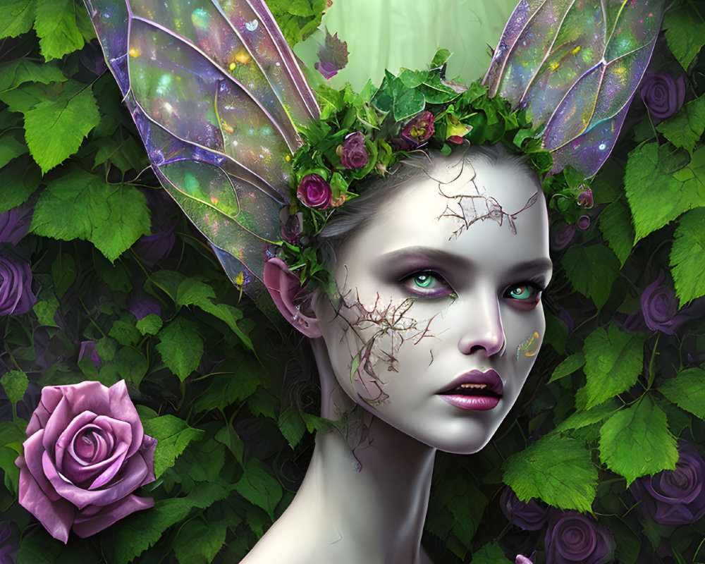 Fantasy forest fairy with purple wings and floral crown in lush greenery