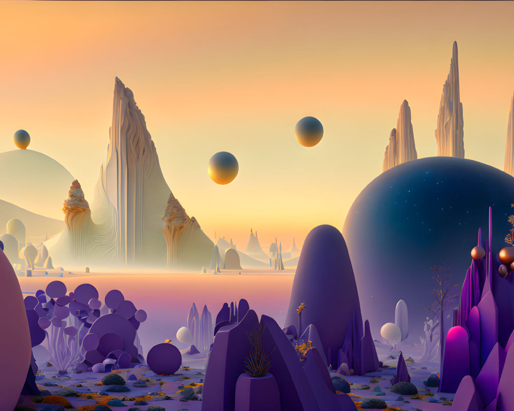 Surreal landscape with floating spheres and alien vegetation under pastel sky